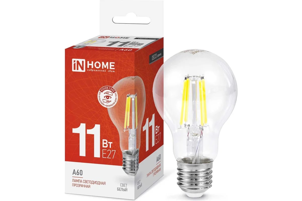 Светодиодная лампа IN HOME LED-A60-deco 11Вт 230В Е27 4000К 1160Лм прозрачная 4690612026145